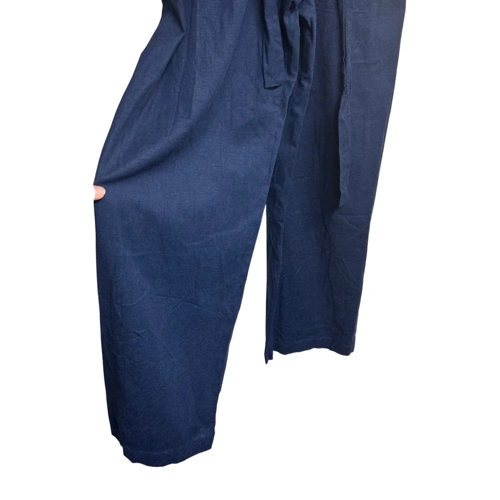 Monteau Womens XS Jumpsuit Navy Blue Sleeveless Wide Leg‎ Belted Romper NWOT